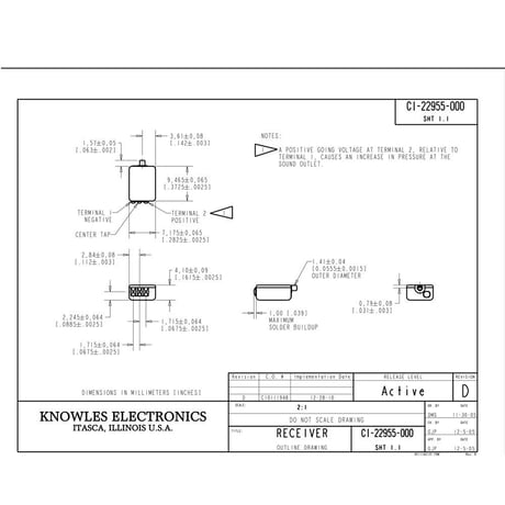 Knowles CI-22955 イヤモニター低域ドライバー バランスアーマチュア 受信機スピーカー 低周波数 (2個セット)