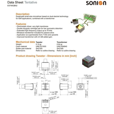 2個セット Sonion 静電ドライバー EST65QB02 四重マイクロドライバー スーパーツイーター 二子双生カートリッジペア