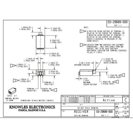 Knowles ED-29689 バランスアーマチュア ドライバースピーカー受信機 EDシリーズ (2個セット) - 補聴器およびIEM DIY用