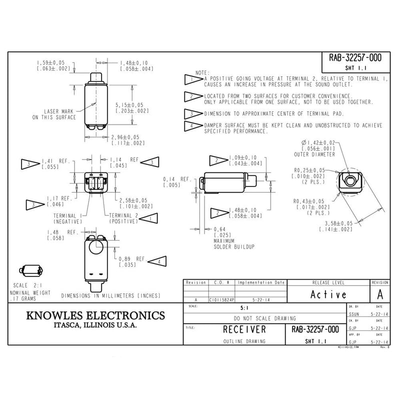 2個セット RAB-32257 Knowles バランスアーマチュア BA ドライバー