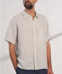 【About Companions】Pure Linen Short-Sleeve Shirt Klaas in striped vintage navy