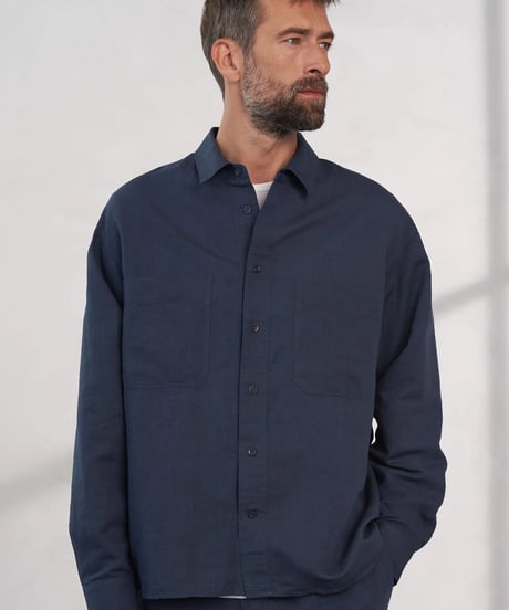 【About Companions】Oversized linen-blend shirt Dario in cold navy