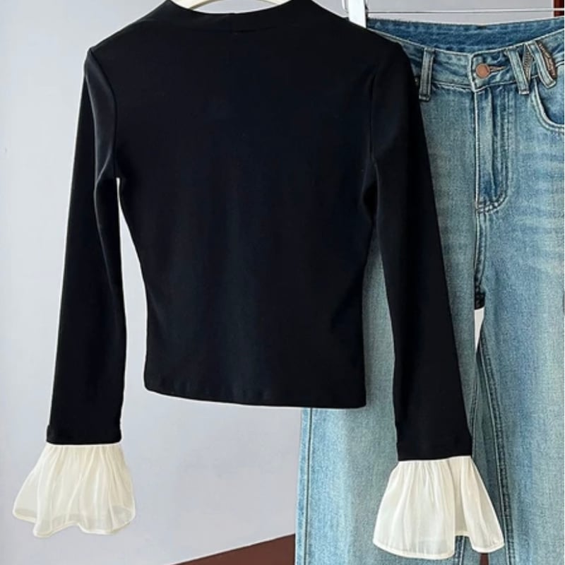 Vネック フレアスリーブ シアー レイヤード ロングTシャツ カットソー