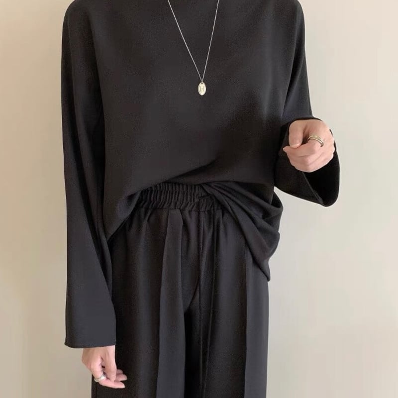 eLLa エラ　プルオーバー フレアー トップス　ブラック トリアセスキューバ・バックペプラムトップス/40代50代からの