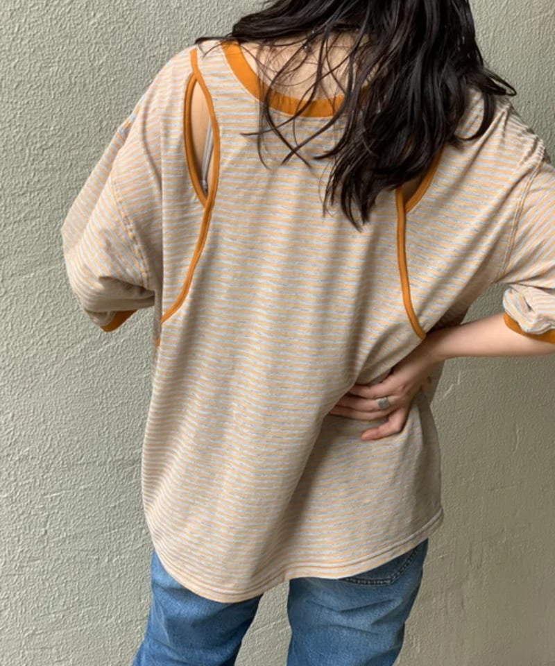 2WAY】シアースラブボーダー カットアウトリンガーTシャツ | Emilie