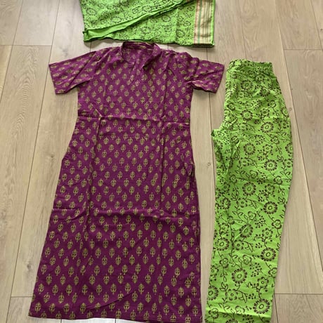 インド　パンジャビドレス　オーダーメイド　セット　売り　ブロックプリント　紫/抹茶