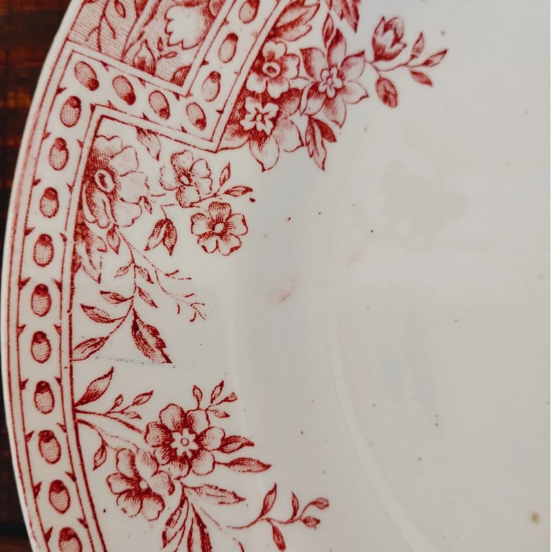 フランスアンティーク 赤い小花と小鳥のプレートe | フランス