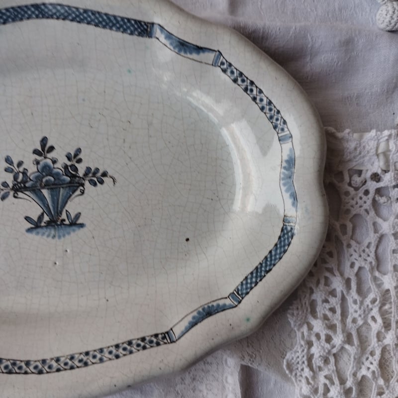 フランス 民芸 キュノワール アンティーク 器 大皿 花リム 陶器 プレート フランス 民芸 キュノワール アンティーク 器 大皿 花リム 陶器