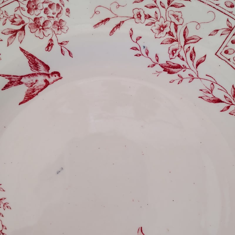 フランスアンティーク 赤い小花と小鳥のプレートc | フランス