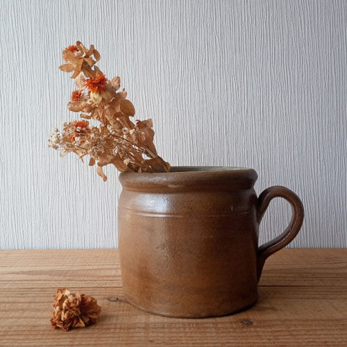 ブラウンの片手のコンフィポット | フランスアンティーク 陶器 ポット