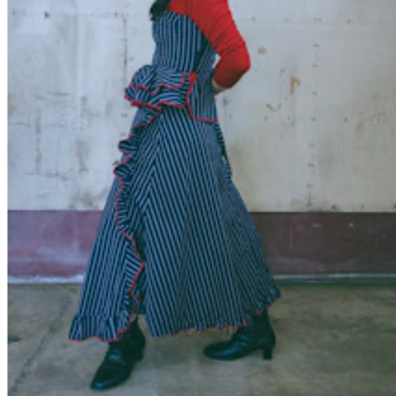 縁フリルスカート-紺ストライプ×赤縁- | ANQU