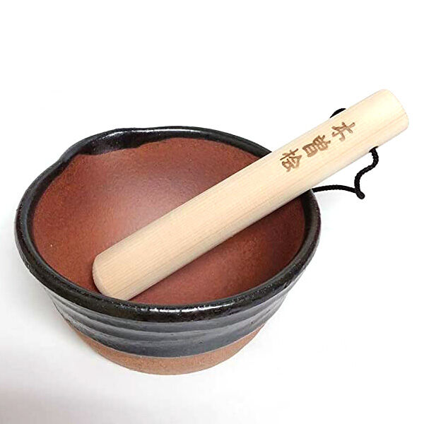 千陶千賀陶器】溝のないすり鉢小 (半黒) すりこ木付 | モノスマイレン