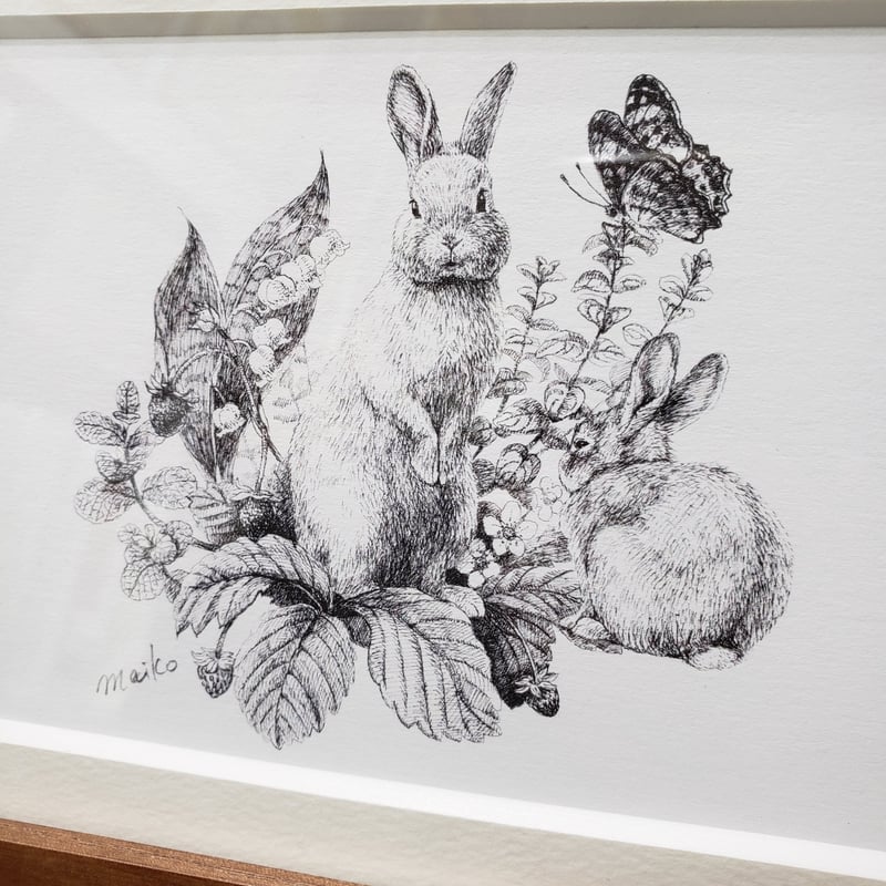 ペン画　30x40cm ペン画 うさぎとハーブと蝶（プリント、フレーム入り