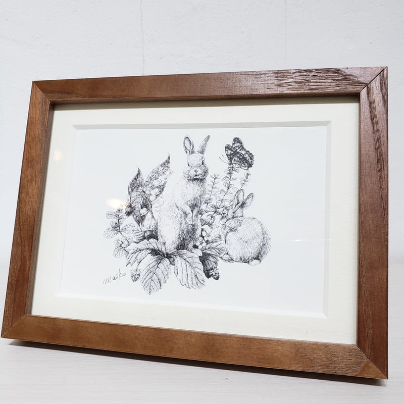 ペン画 うさぎとハーブと蝶(プリント、フレーム入り ペン画 うさぎとハーブと蝶(プリント、フレーム入り