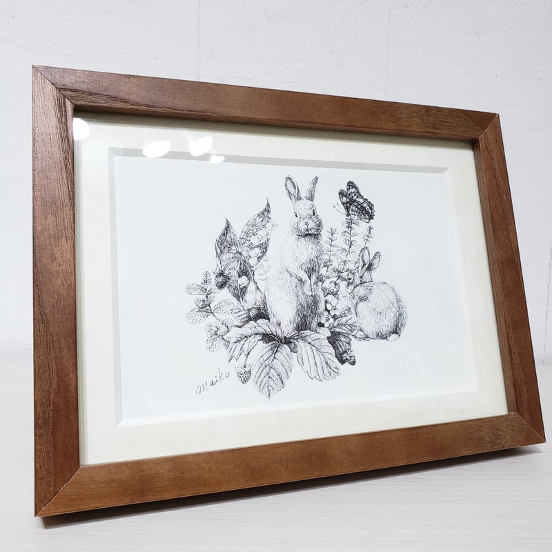 ペン画　30x40cm ペン画 うさぎとハーブと蝶（プリント、フレーム入り