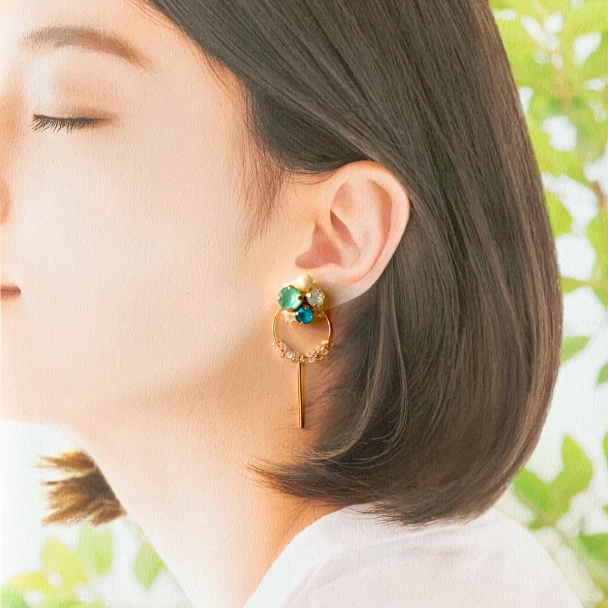 152*グリーン アシンメトリー 個性的 クリップ イヤリング