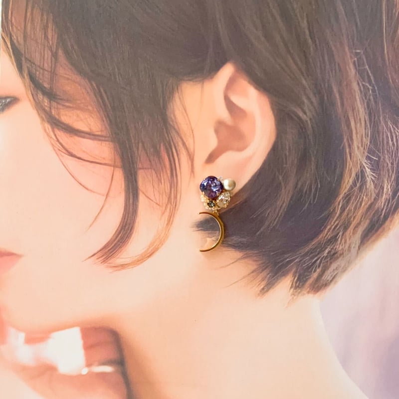 RomaMeru Cafe』（パープル）月と星の2wey アシンメトリー ピアス