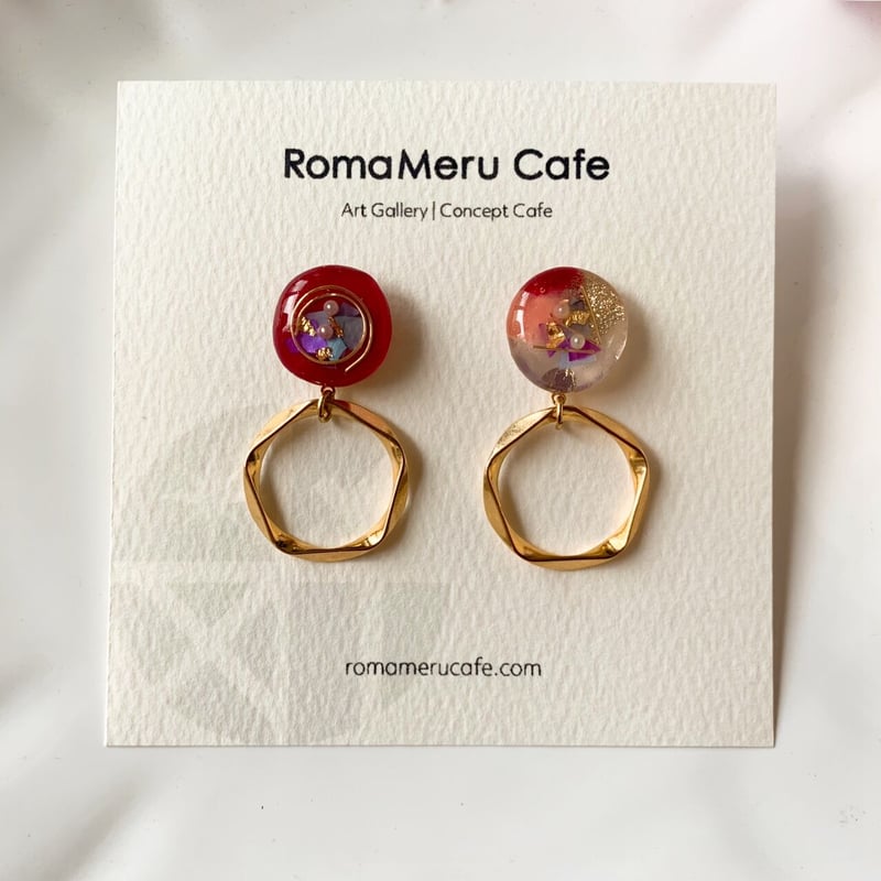 定番人気! まんまるドロップ』(レッド×ゴールド)レジンとリングの ピアス