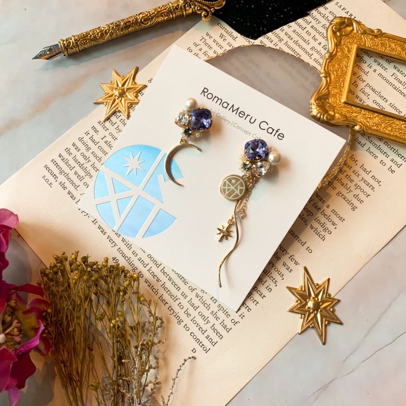 青 グレー マーブル ヴィンテージ チロリアンテープ リボン ピアス