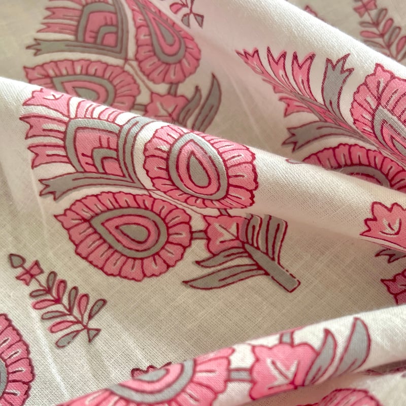 インド綿】ブロックプリント生地 ピンク花柄 | LOTUS TRADE