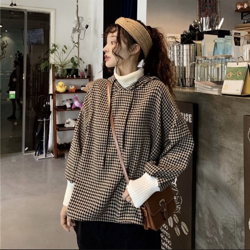 千鳥柄 ハイネック レイヤード パーカー ビッグシルエット ベージュ  