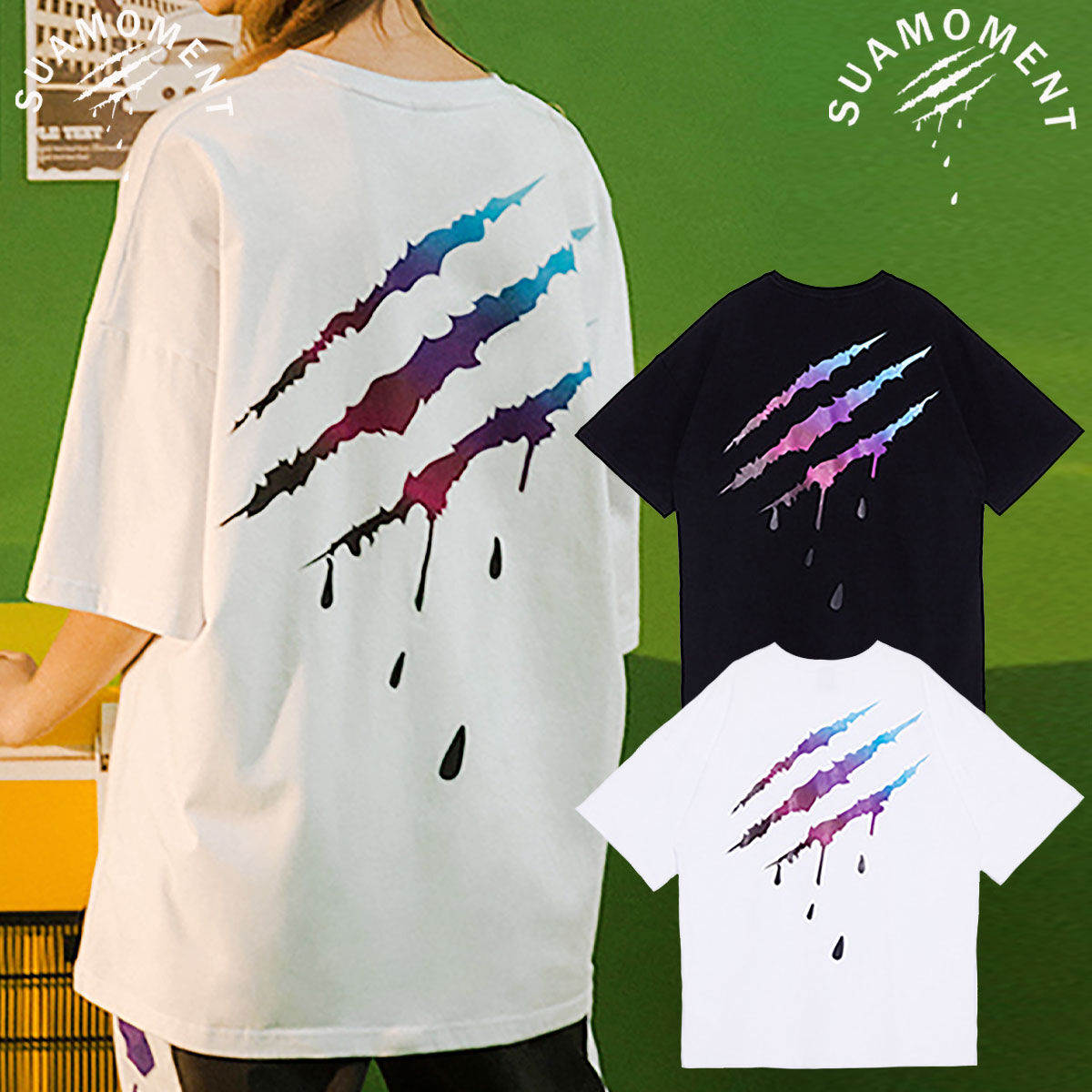 【 SUAMOMENT 】 ユニセックス オーバーサイズ バックプリント Tシャツ UNISEX CLAW MARKS RAINBOW  GRADATION PRINT T-shirt