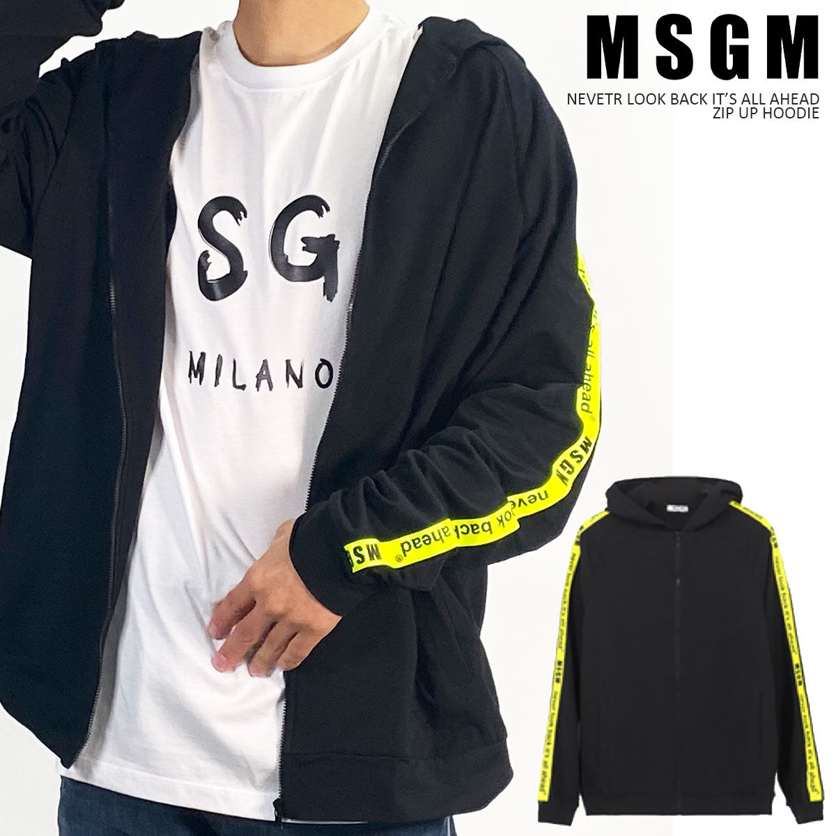 【 MSGM 】 袖テープロゴ ジップアップ パーカー ZIP UP HOODIE ...