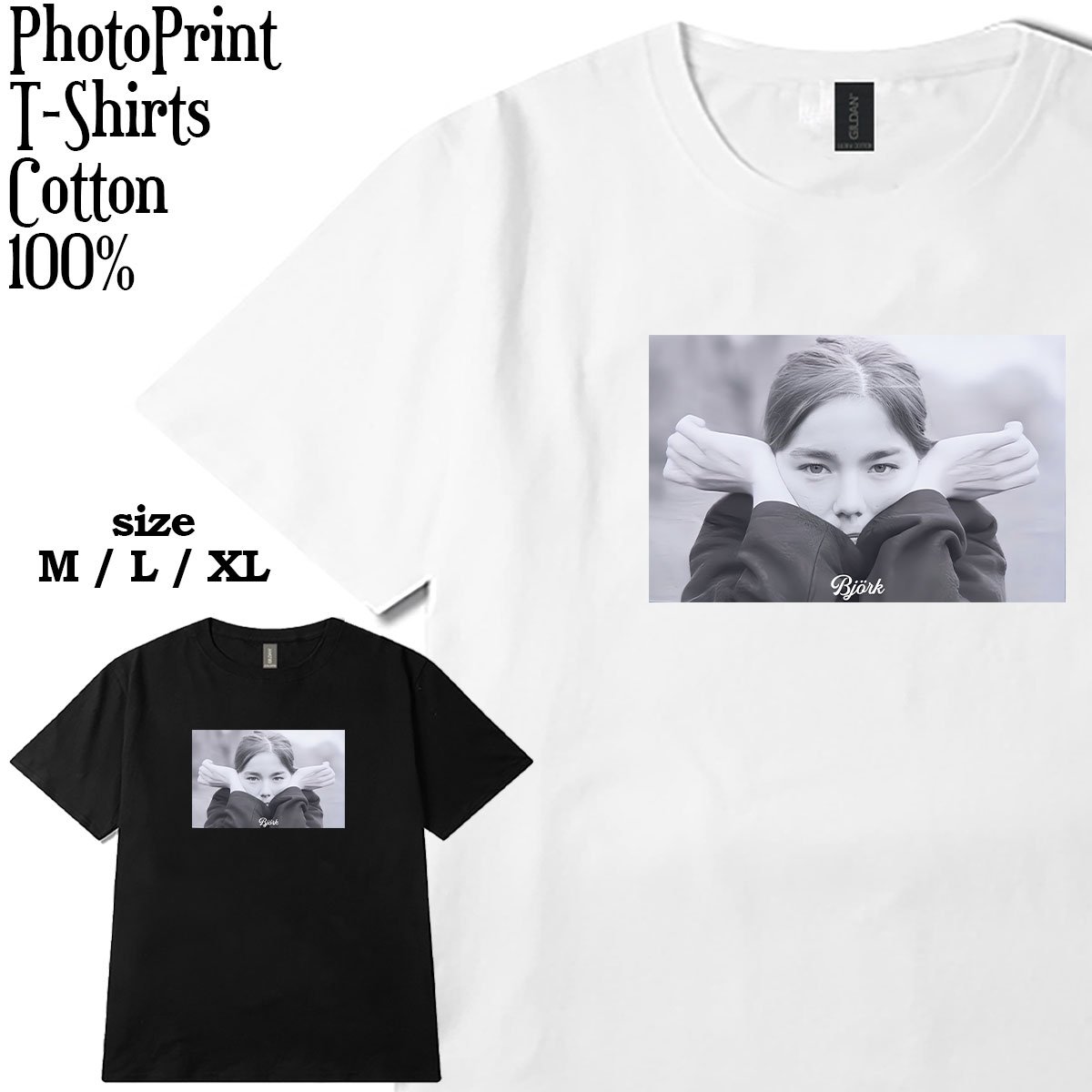 Bjork ビョーク 90s フォトプリント Tシャツ ホワイト Lサイズ Bjork ビョーク フォトプリント Tシャツ モノクロ 半袖 キレイめ