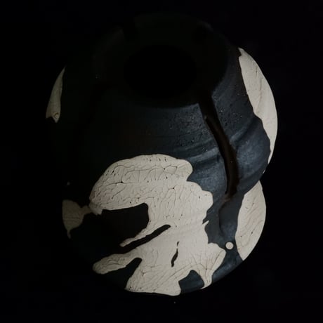沼野秀章 作品【 黒二白 】長鉢 φ12.5cm 笠間焼 植木鉢 ［ No.128］