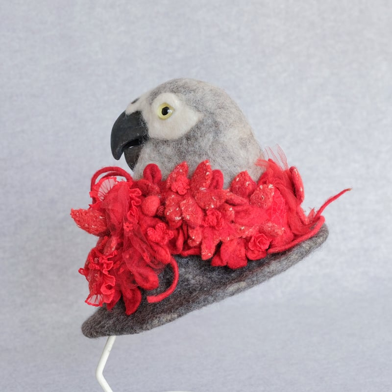 ヨウムと赤い花の帽子 | bird deco