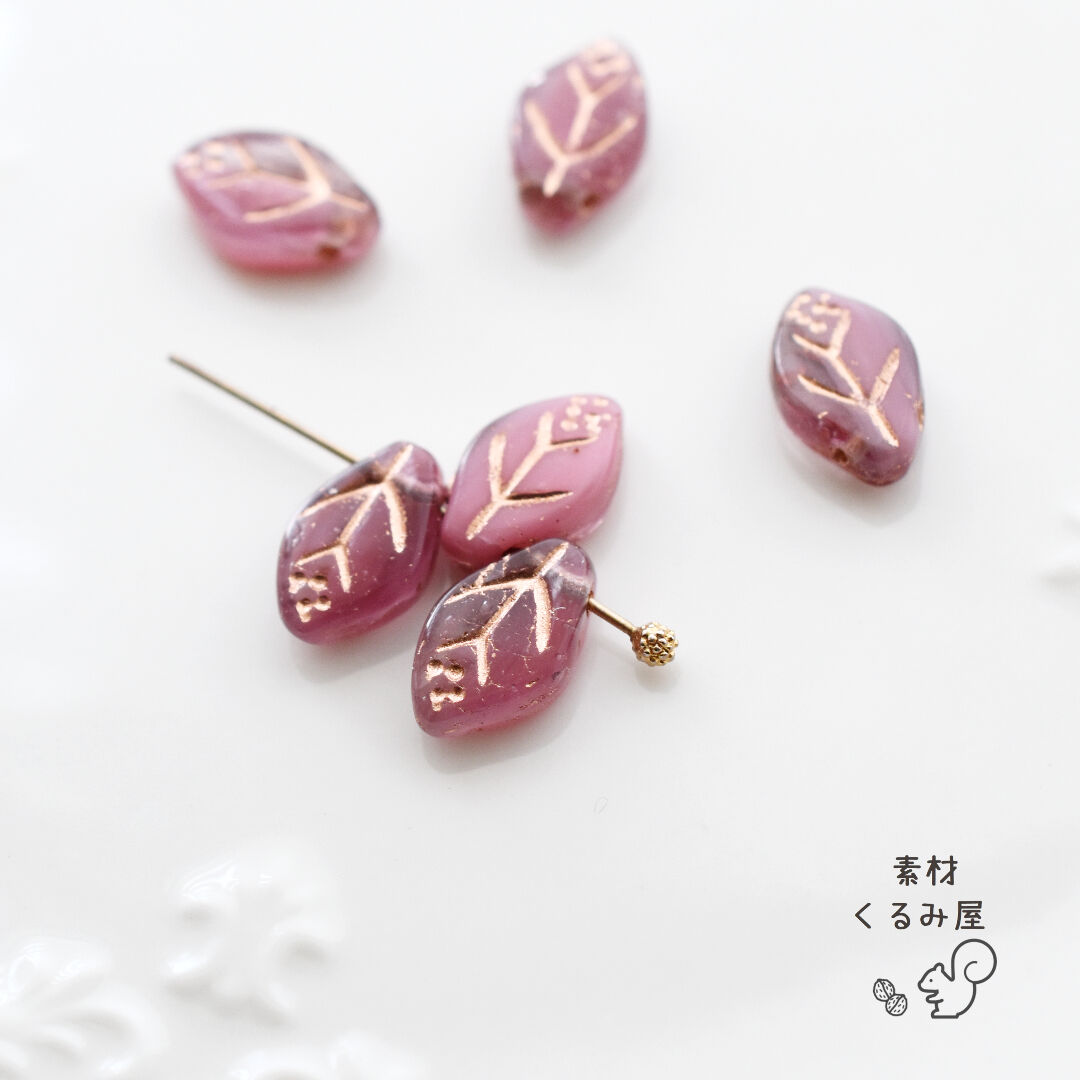 CB-0362 チェコビーズ デザインリーフ 12×8mm ピンクマーブルB 6個 