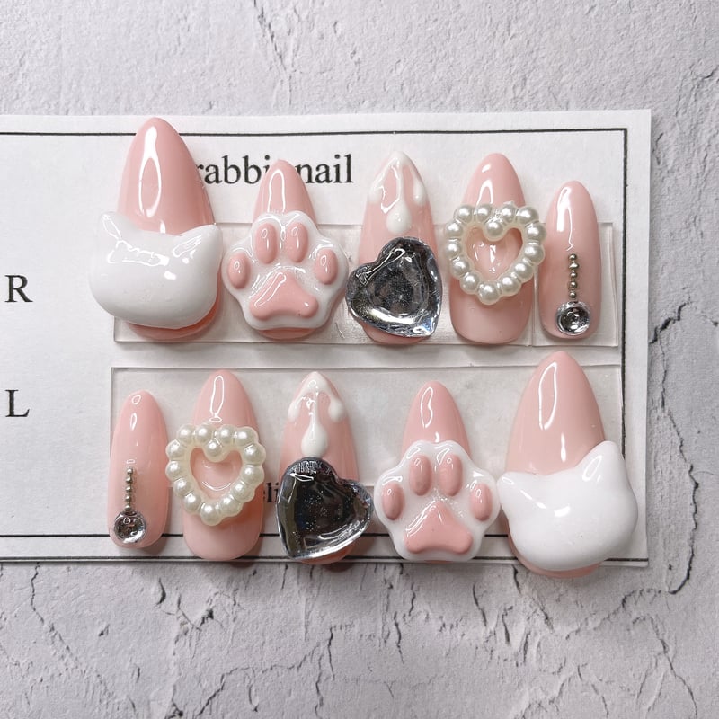 No.6【ネイルチップ】肉球ねこちゃんネイル /いちごみるく | ね