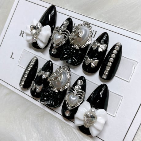 No.36【ネイルチップ】リボン×ハートガーリーネイル