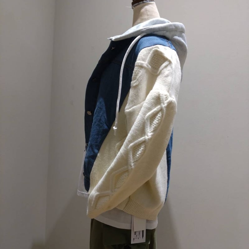 【美品】ダイアグラム ケーブルニット 切り替え デニムジャケット 異素材 ケーブルニット×デニム切り替えフードジャケット | Toybox STORE