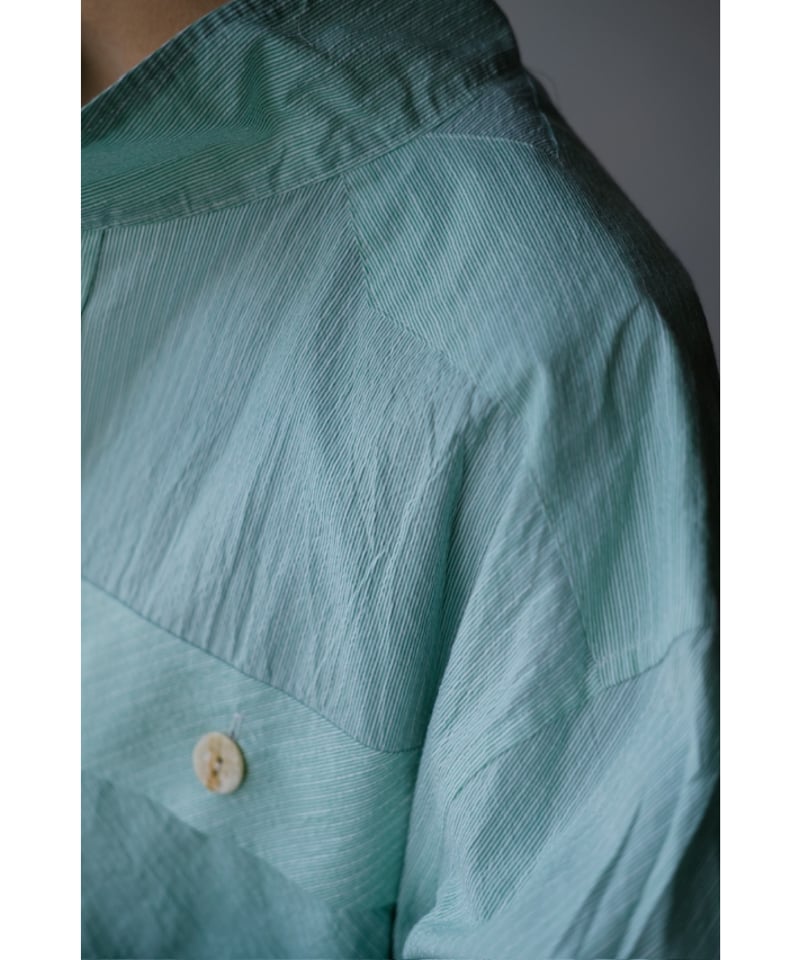 ANSNAM / 牛飼いプルオーバーシャツ(Cotton/Green×White Stripe