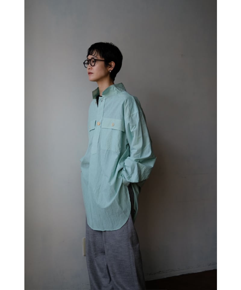 ANSNAM / 牛飼いプルオーバーシャツ(Cotton/Green×White Stripe