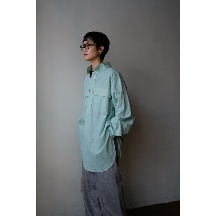 ANSNAM / 牛飼いプルオーバーシャツ(Cotton/Green×White Stripe