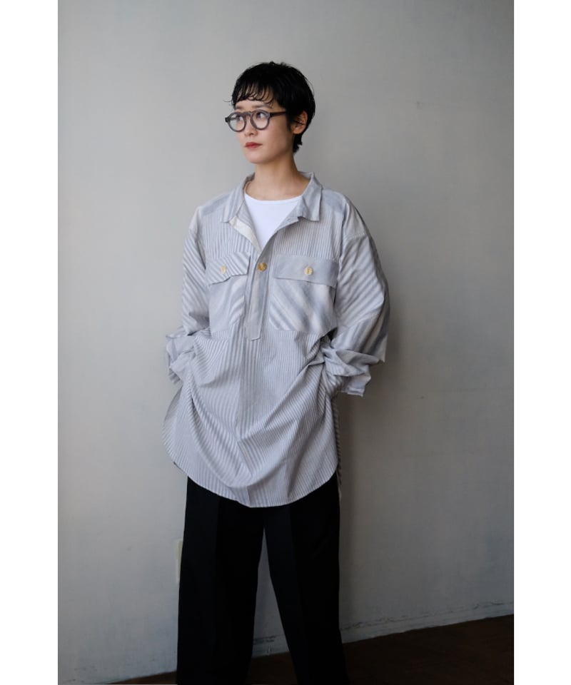 ANSNAM / 牛飼いプルオーバーシャツ(CottonSilk/Pale Grey Stri