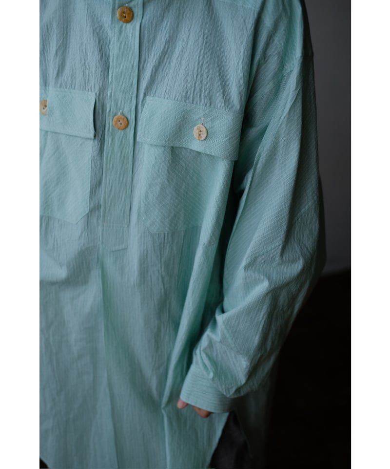 ANSNAM / 牛飼いプルオーバーシャツ(Cotton/Green×White Stripe