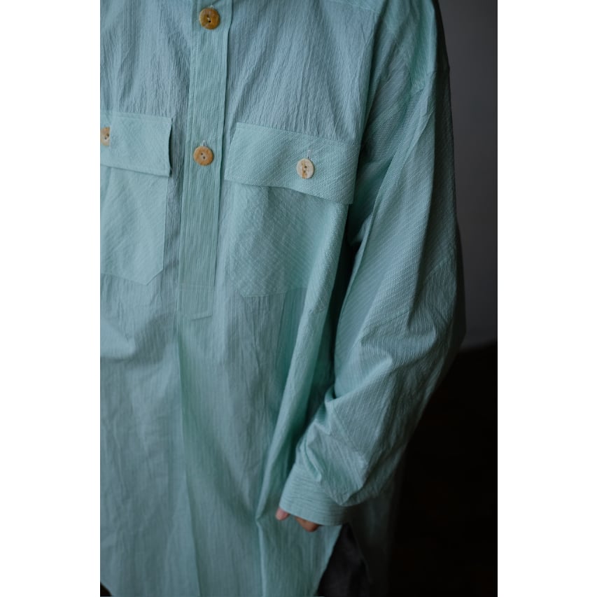 ANSNAM / 牛飼いプルオーバーシャツ(Cotton/Green×White Stripe
