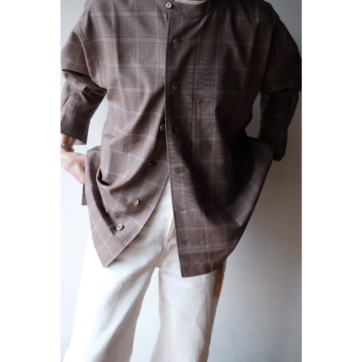 un/unbient / Stand Collar Shirt(Pale Brown Chec un/unbient / Stand Collar Shirt(Pale Brown Chec