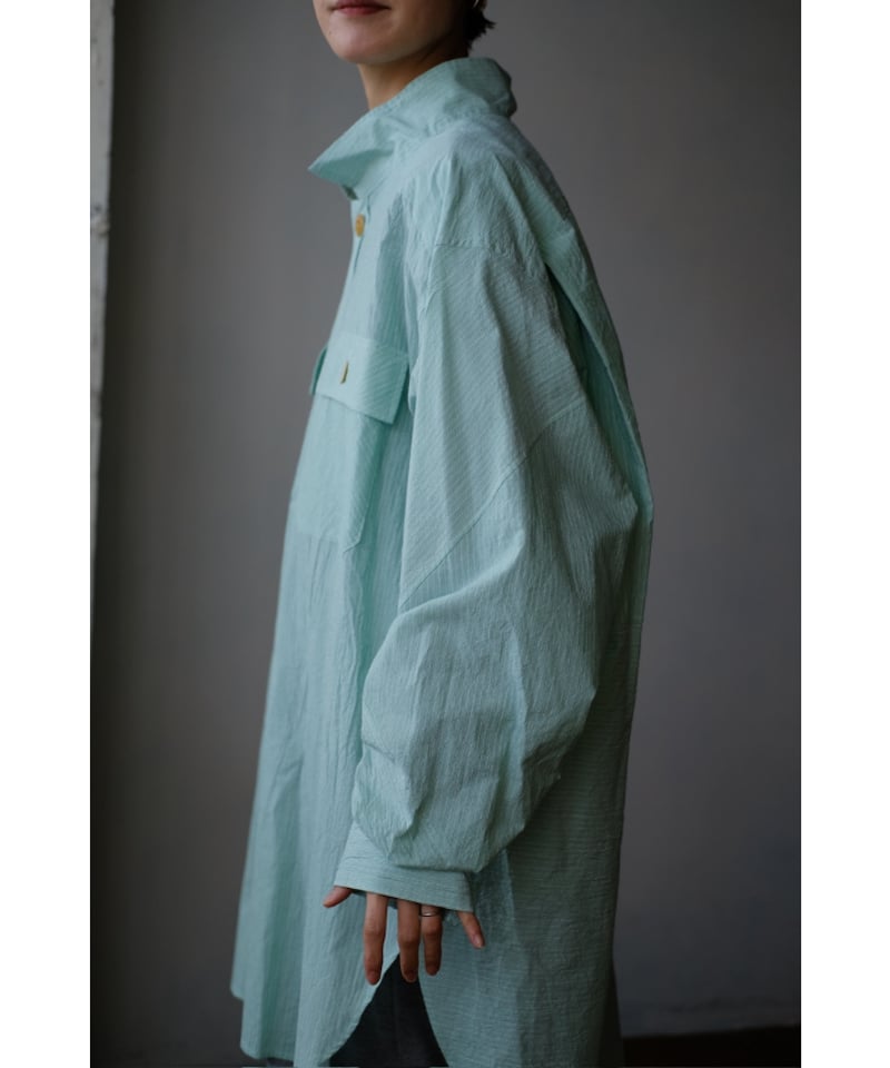 ANSNAM / 牛飼いプルオーバーシャツ(Cotton/Green×White Stripe