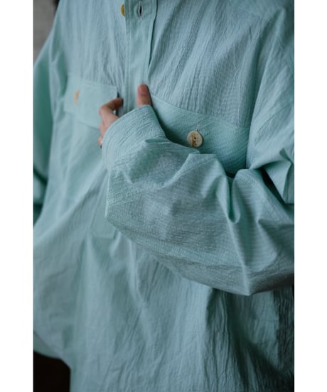 ANSNAM / 牛飼いプルオーバーシャツ(Cotton/Green×White Stripe)