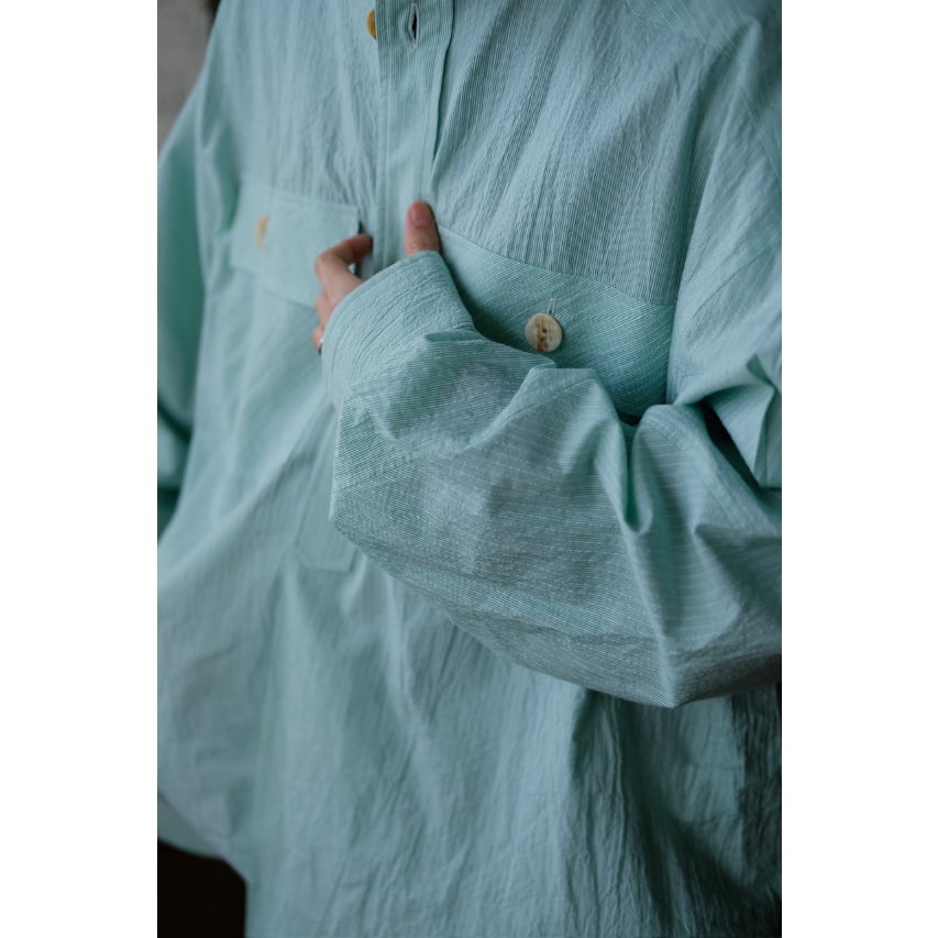 ANSNAM / 牛飼いプルオーバーシャツ(Cotton/Green×White Stripe