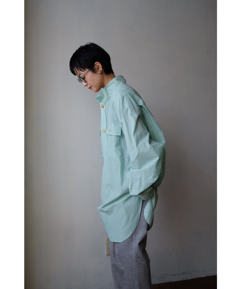 ANSNAM / 牛飼いプルオーバーシャツ(Cotton/Green×White Stripe