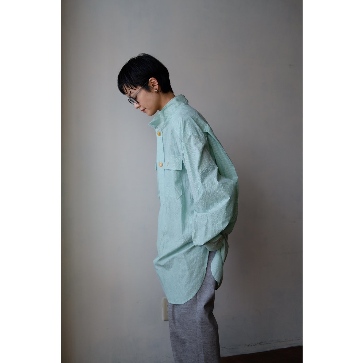 ANSNAM / 牛飼いプルオーバーシャツ(Cotton/Green×White Stripe