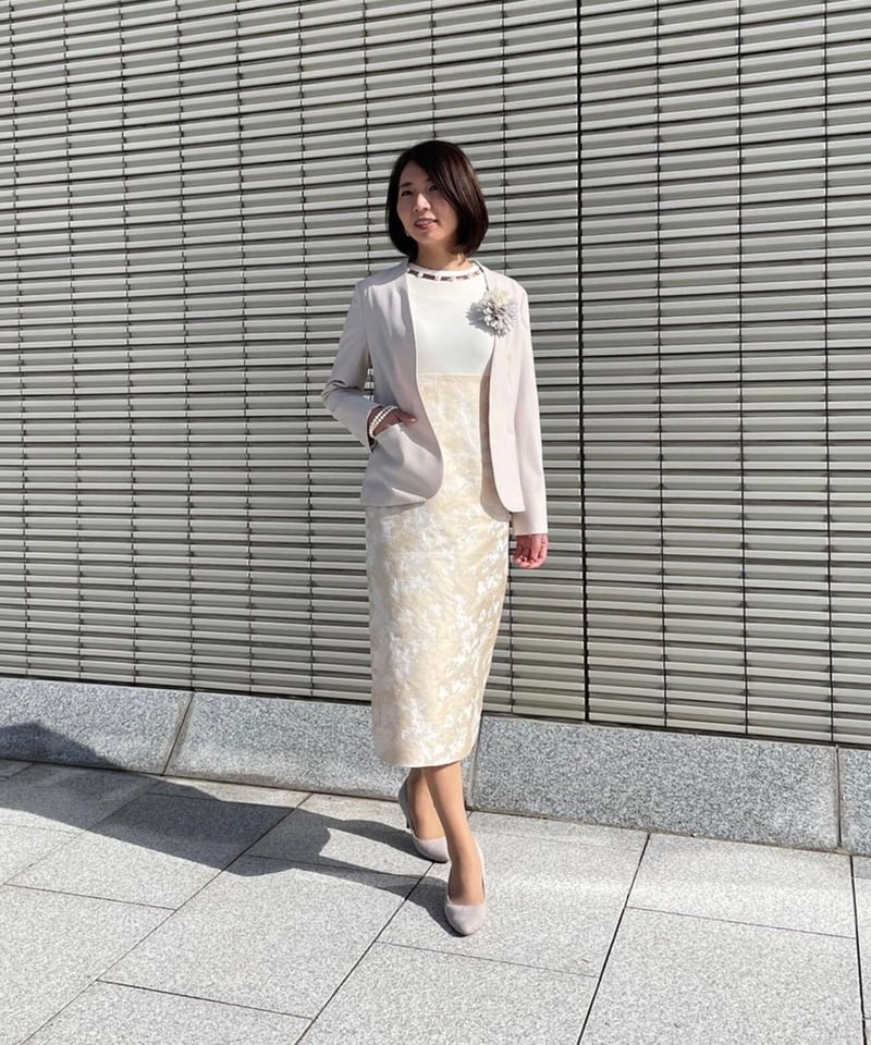 日本製 パール付き ジャガードハイウエスト切り替えワンピース