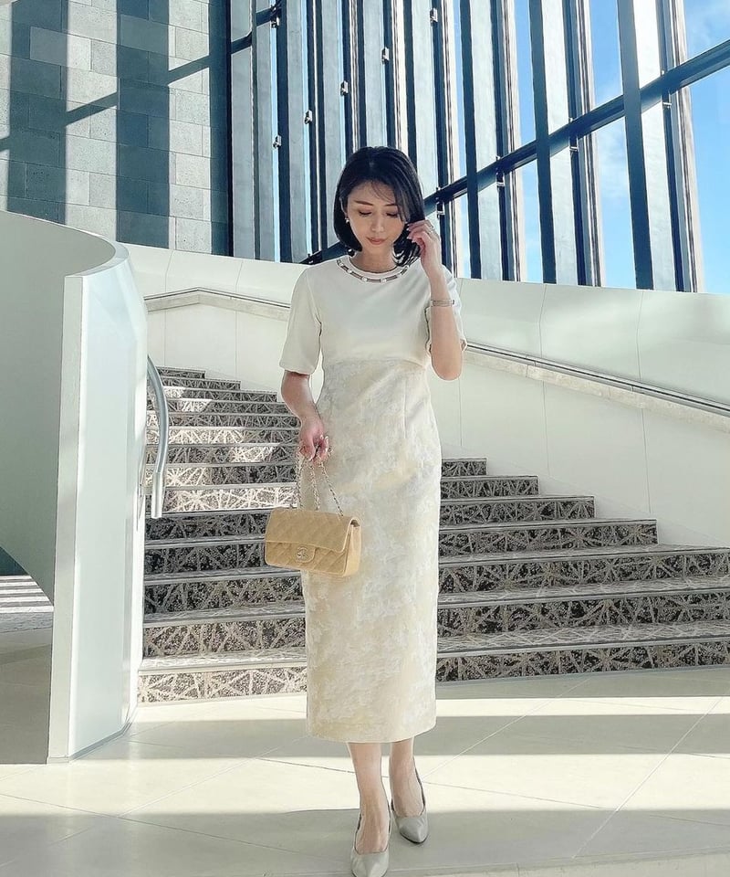 日本製 パール付き ジャガードハイウエスト切り替えワンピース | el