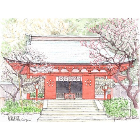 水彩画 鎌倉絵柄天神社 | C.Nagata Gallery