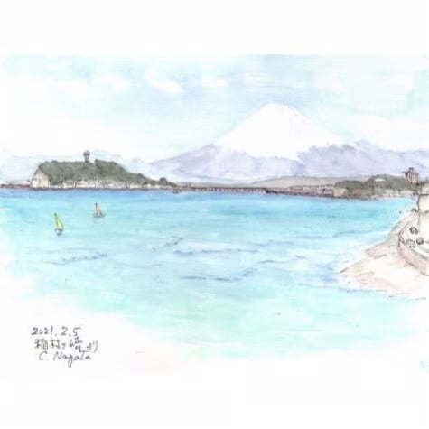 水彩画原画　湘南の夕日・江の島 水彩画原画 湘南の夕日・江の島 #652」 by syoumei｜Artmeter